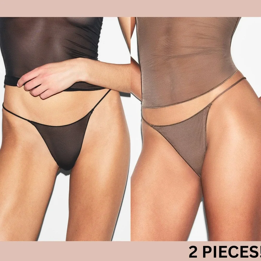 NEW $40 SKIMS [ 2PC 4X ]‎ ULTRA FINE MESH STRING Thong in Black + Truffle T2040